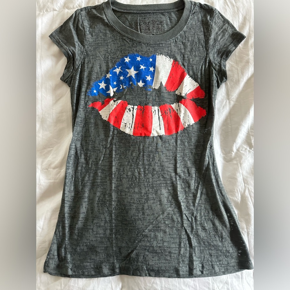 Rocker girl, all access, entertainment, American flag kiss lips shirt